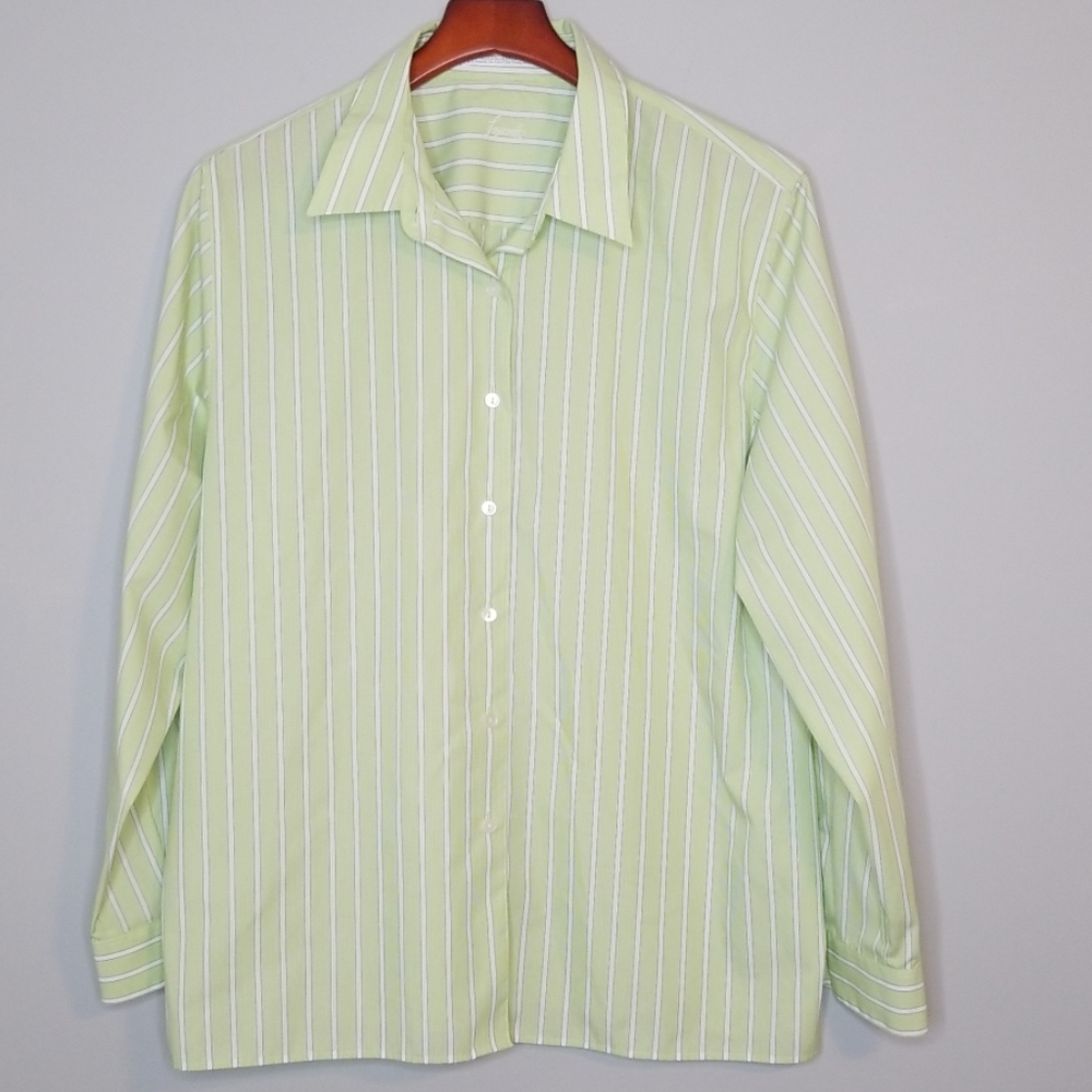 {Foxcroft} Green & White Striped Button Down Top